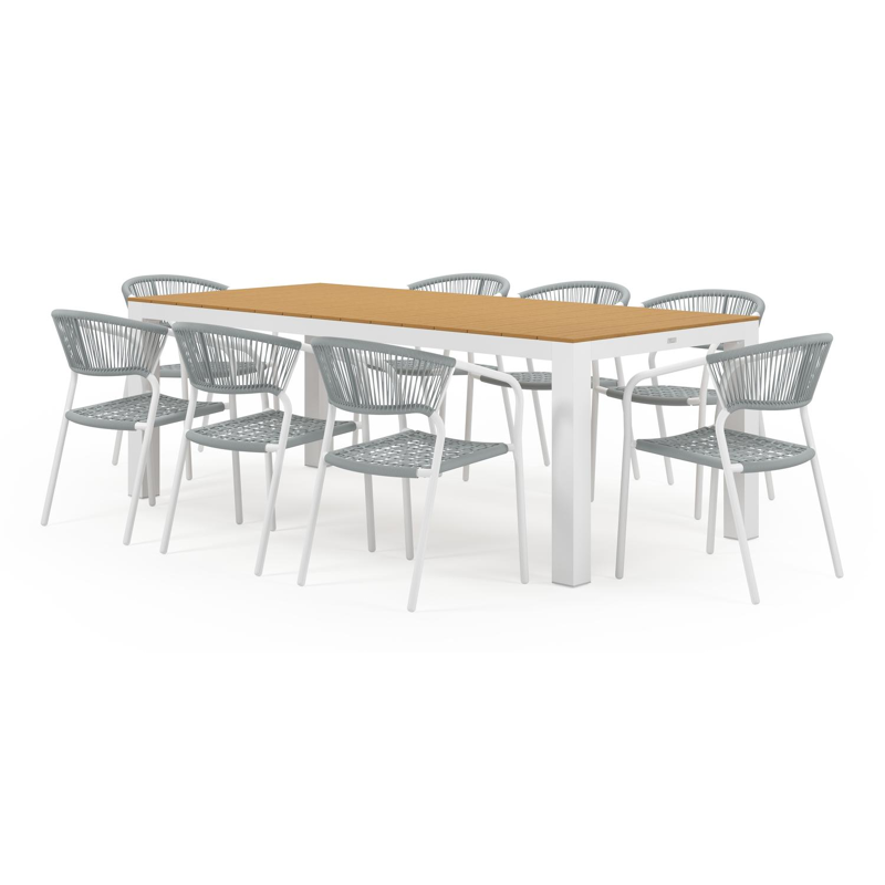 Ensemble de jardin Calzo en aluminium blanc avec plateau de table en polywood naturel et 8 chaises de jardin empilables Vigo