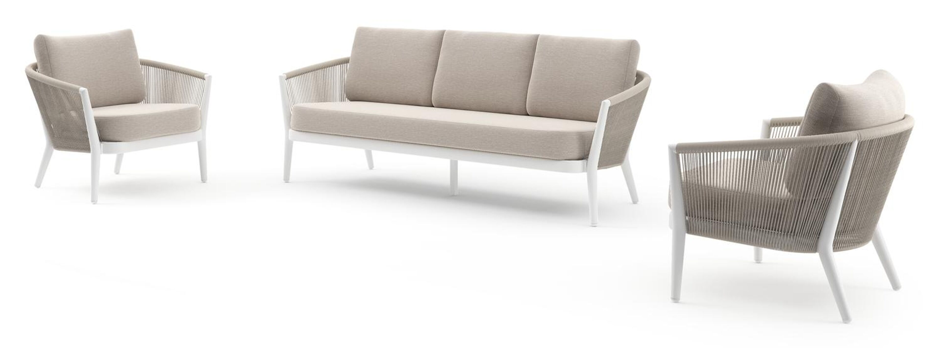 Salon de jardin Orso en aluminium blanc en corde ronde tissée verticalement beige et coussins en all weather sunbrella® luxe Slow Farafra