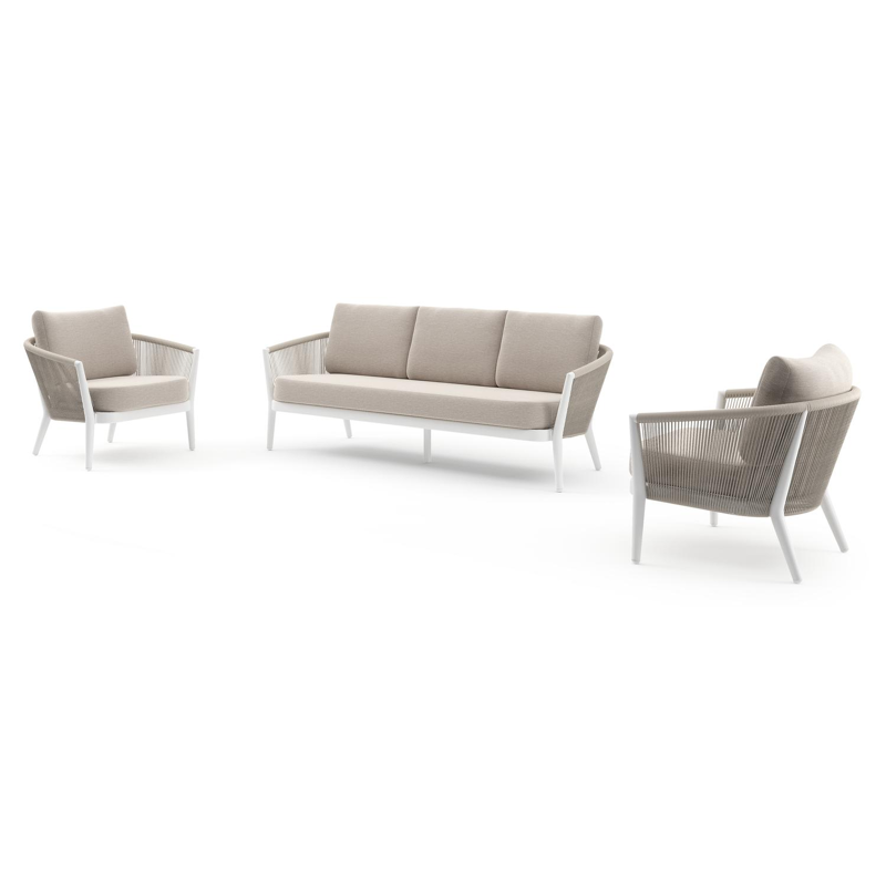 Orso loungeset in wit aluminium en beige verticaal geweven ronde rope met Slow Farafra all weather sunbrella® luxe kussen