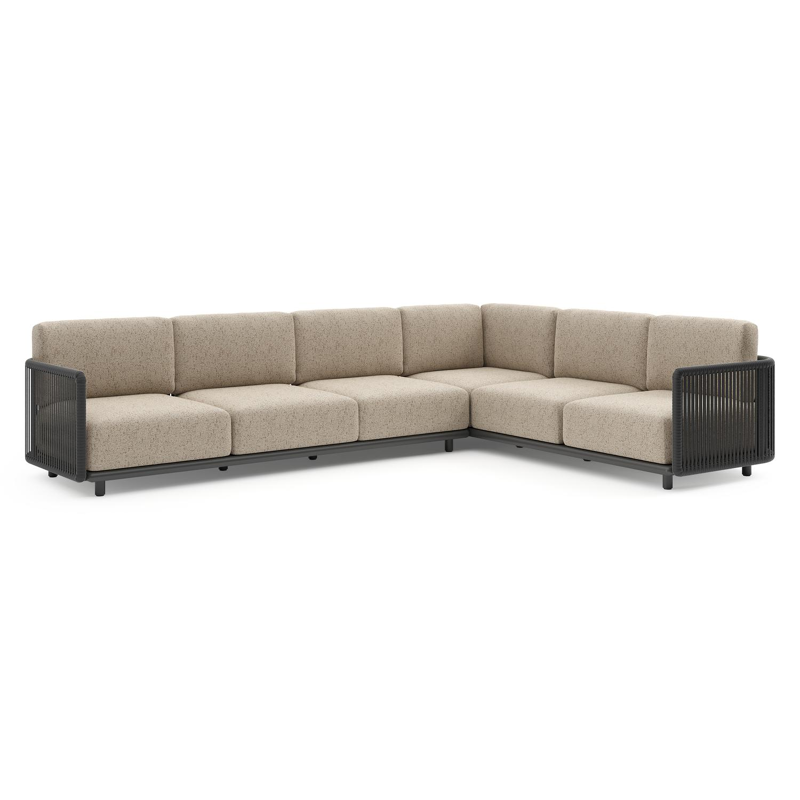 Organo loungehoek in zwart aluminium en zwart verticaal geweven luxe vlakke rope met bora jungle all weather Cosytica kussen