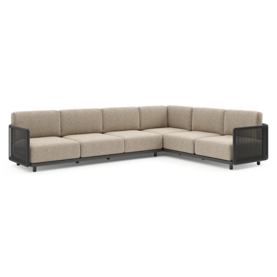 Organo loungehoek in zwart aluminium en zwart verticaal geweven luxe vlakke rope met bora jungle all weather Cosytica kussen