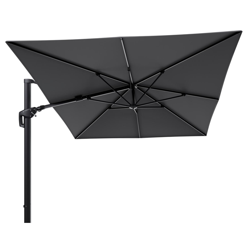 Minore zweefparasol tiltfunctie in zwart aluminium en parasoldoek in All Weather Sunbrella® Luxe Natte Charcoal Chine - L1 400 x L2 300 cm (zonder voet)