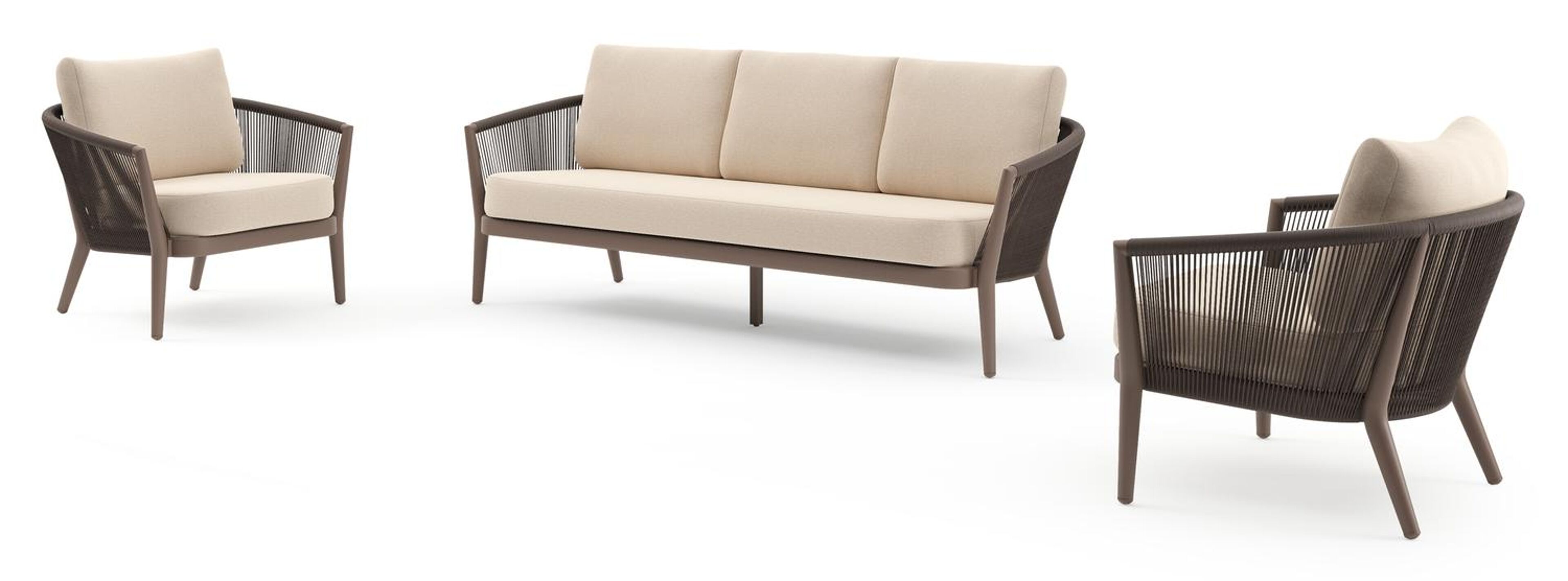 Salon de jardin Orso en aluminium taupe en corde ronde tissée verticalement noir et coussins en all weather sunbrella® luxe Heritage Papyrus