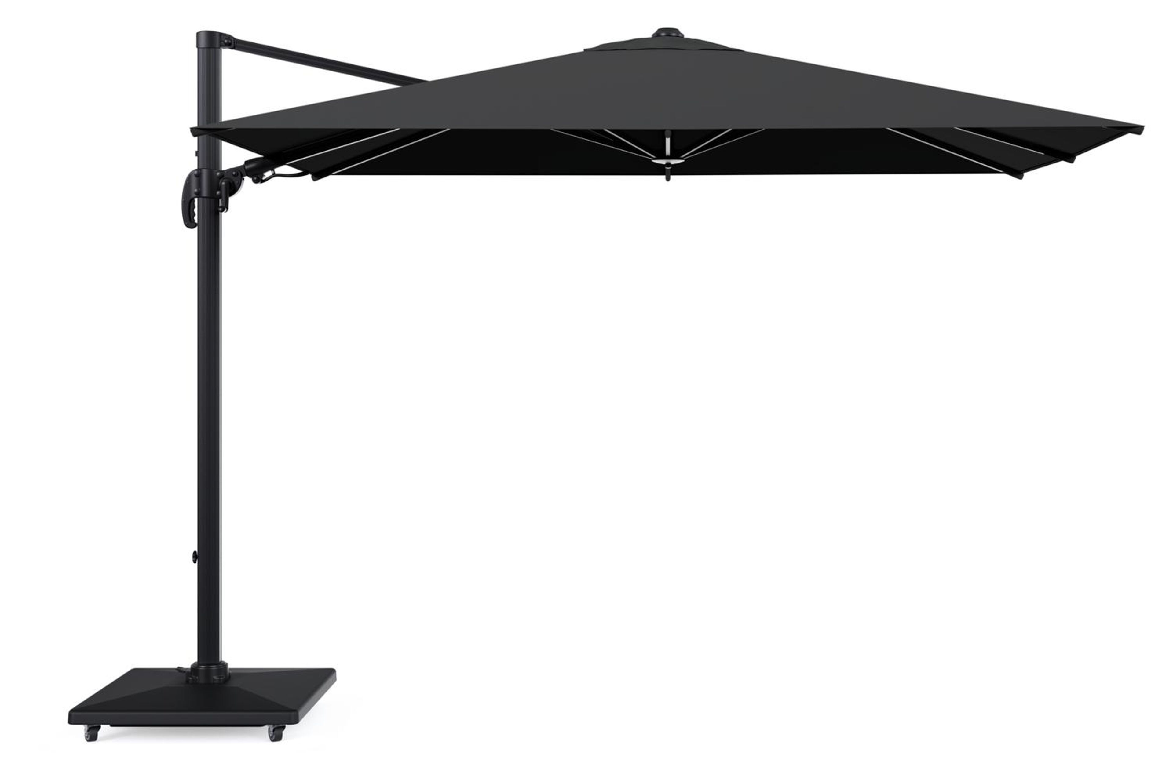 Avola zweefparasol met tiltfunctie in zwart aluminium met zwart weather+ softtouch parasoldoek - L1 200 x L2 300 cm met parasolvoet Avola 90 kg