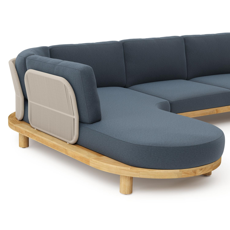 Salon de jardin d'angle Donato en teck et corde ronde tissée verticalement beige et coussins en All Weather Sunbrella® luxe Heritage Indigo