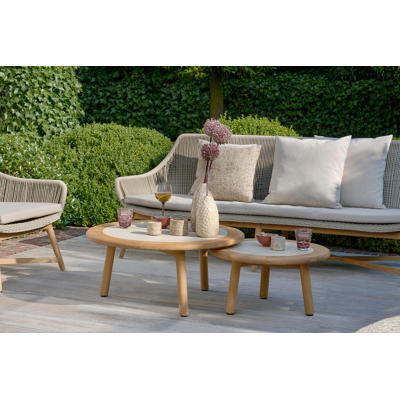 Gardo loungetafels in teak en beige volkeramiek - Dia. 80/60 x H 36,5/30,5 cm
