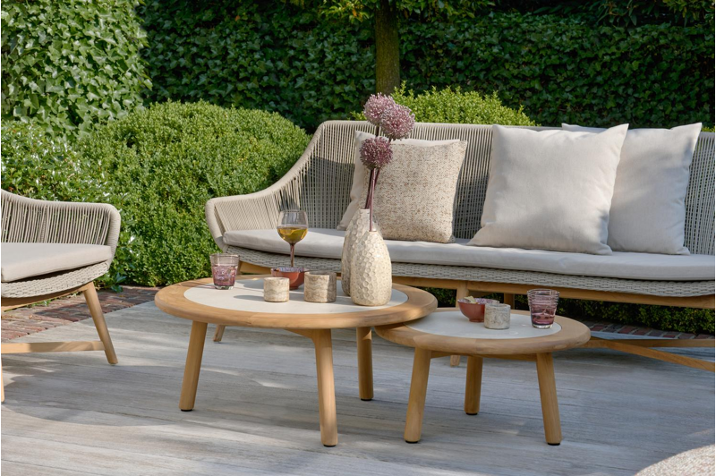 Tables basses Gardo en teck et céramique pleine beige - Diam. 80/60 x Haut. 36,5/30,5 cm