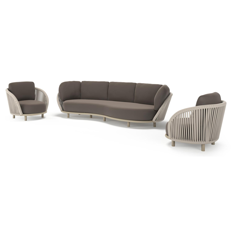Lupino loungeset in beige aluminium en beige verticaal geweven luxe vlakke brede rope met natte nature grey all weather sunbrella® luxe kussen