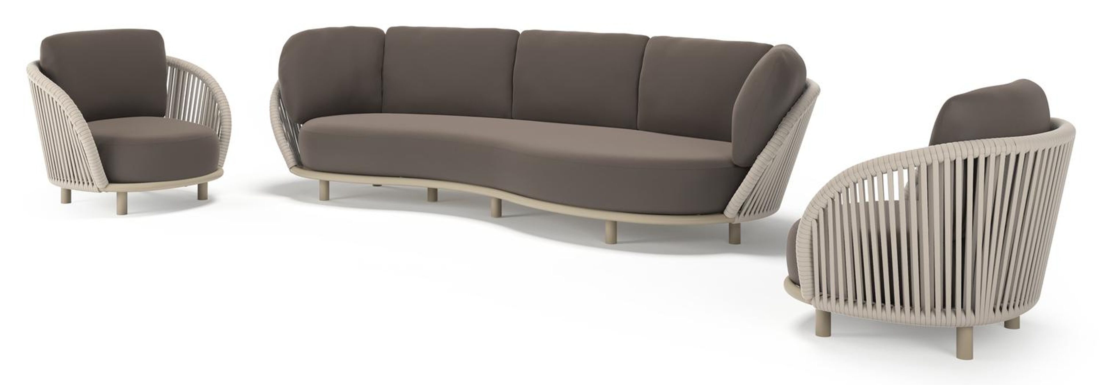 Lupino loungeset in beige aluminium en beige verticaal geweven luxe vlakke brede rope met natte nature grey all weather sunbrella® luxe kussen