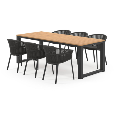 Livo tuinset in zwart aluminium en natural finish teak tafelblad met 6 stapelbare Matera tuinstoelen