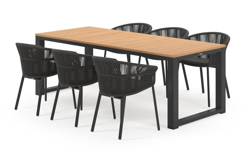 Livo tuinset in zwart aluminium en natural finish teak tafelblad met 6 stapelbare Matera tuinstoelen