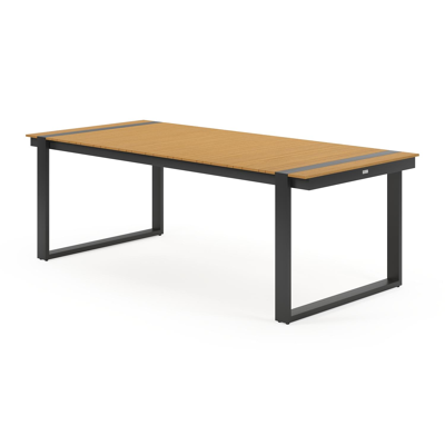 Merida tuinset in zwart aluminium en naturel polywood tafelblad met 6 stapelbare Vigo tuinstoelen