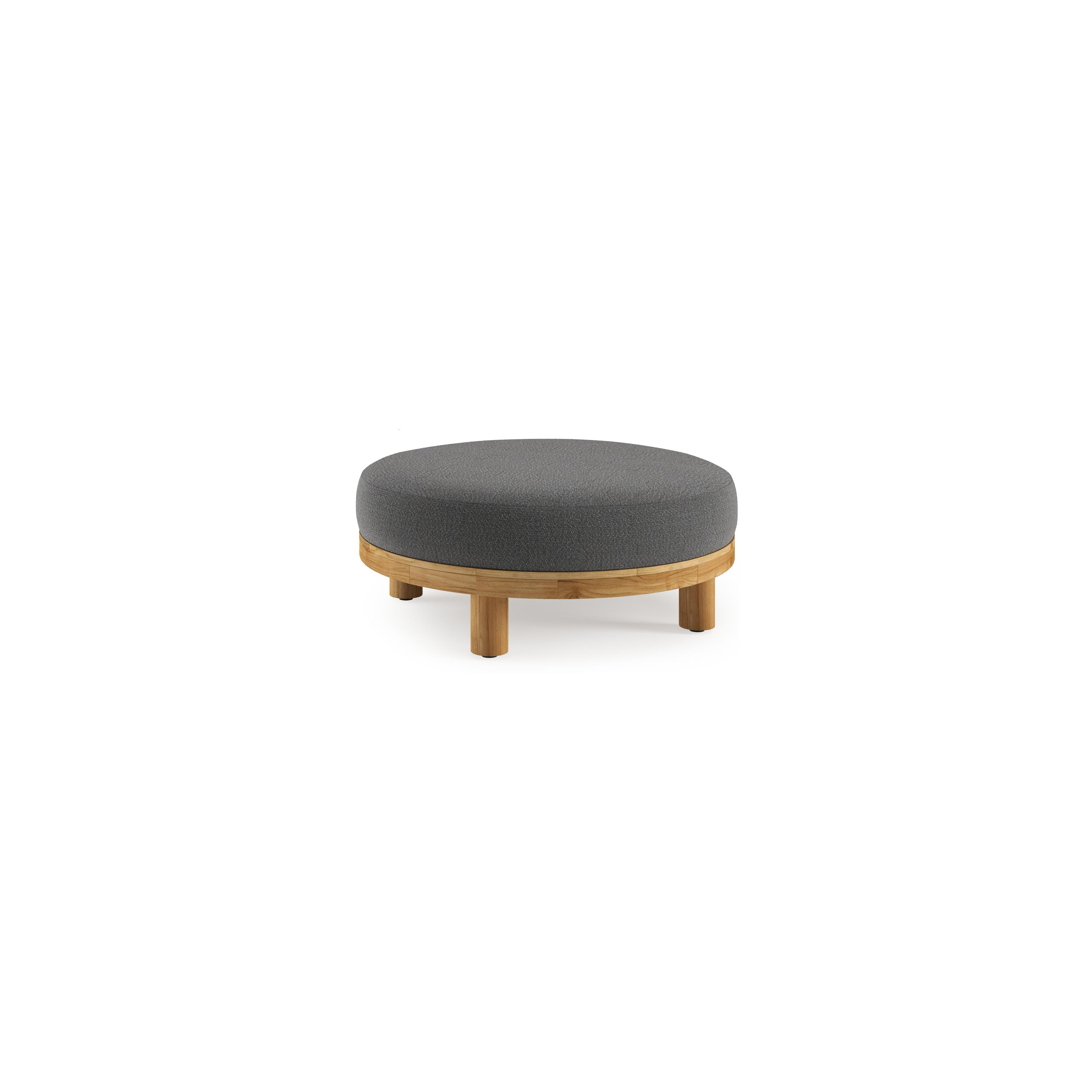Donato lounge poef in teak en beige verticaal geweven ronde rope met all weather sunbrella® luxe Savane Tornado kussen
