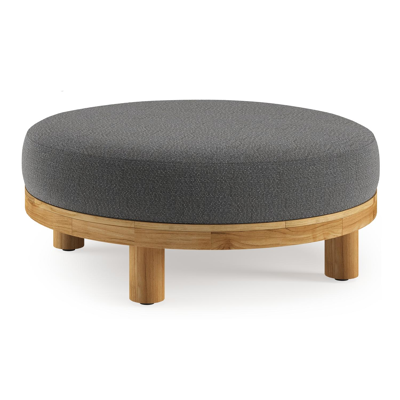 Donato lounge poef in teak en beige verticaal geweven ronde rope met all weather sunbrella® luxe Savane Tornado kussen