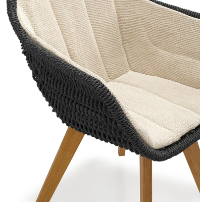 Pagino tuinstoel in teak en zwart ronde wicker met zitkussen in All Weather Cosytica Althea Chalk