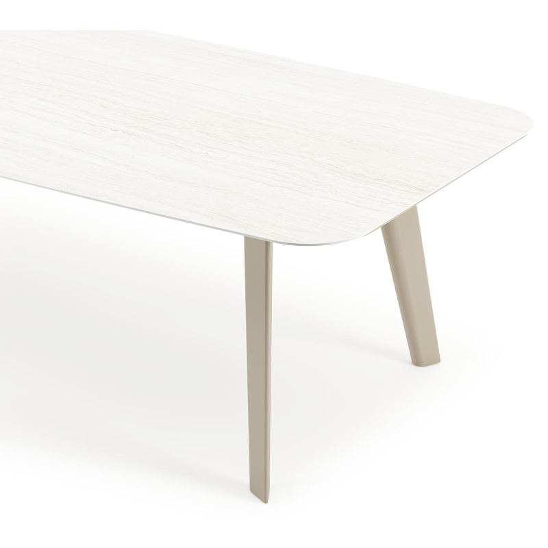 Table de jardin Lacirma forme de bateau en aluminium beige et céramique pleine Calista Lg. 315 x Lrg. 115 x Haut. 73 cm