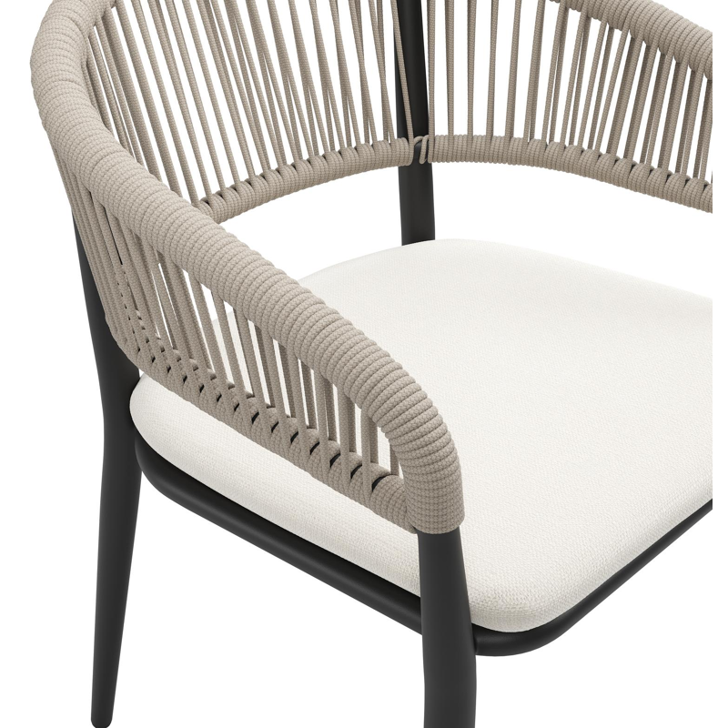Tolfa stapelbare tuinstoel in zwart aluminium en beige verticaal geweven ronde rope met stoelkussen in All Weather Sunbrella® Luxe Savane White