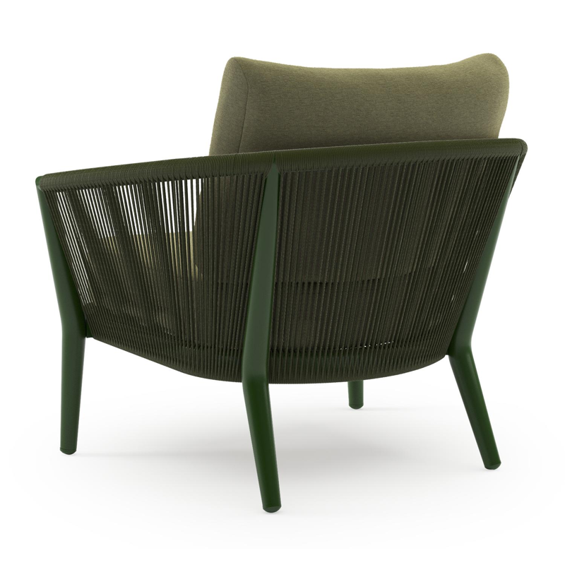 Orso loungestoel in groen aluminium en groen verticaal geweven ronde rope met Heritage Leaf all weather sunbrella® luxe kussen