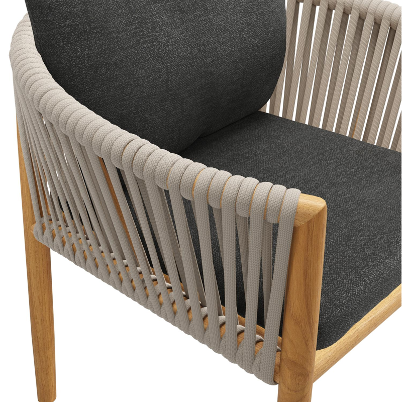 Organo tuinstoel in teak en beige verticaal geweven luxe vlakke rope met zitkussen in All Weather Sunbrella® Luxe Chartres Sooty