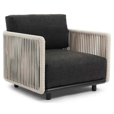 Organo loungestoel 1-zit in zwart aluminium en beige verticaal geweven luxe vlakke rope met chartres sooty all weather sunbrella® luxe kussen