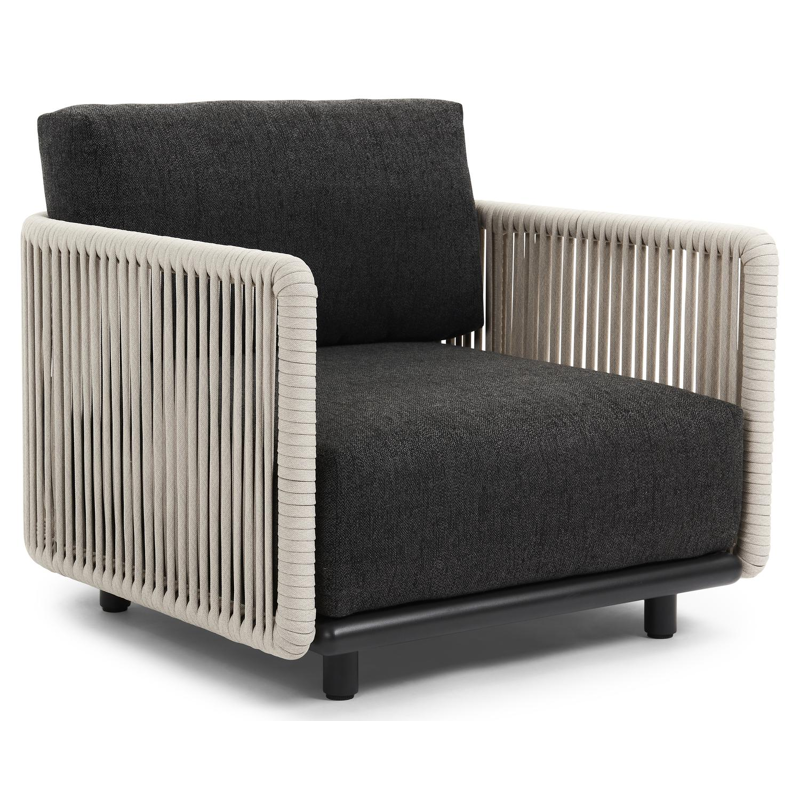 Organo loungestoel 1-zit in zwart aluminium en beige verticaal geweven luxe vlakke rope met chartres sooty all weather sunbrella® luxe kussen