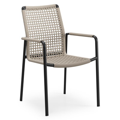 Como tuinstoel in zwart aluminium en beige vierkant geweven ronde rope