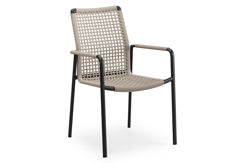 Como tuinstoel in zwart aluminium en beige vierkant geweven ronde rope