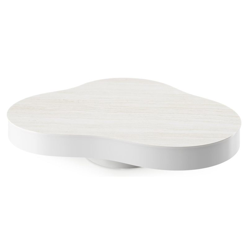 Table de basse Lomano en aluminium blanc et céramique pleine Calista - Lg. 131 x Lrg. 108 x Haut. 8 cm