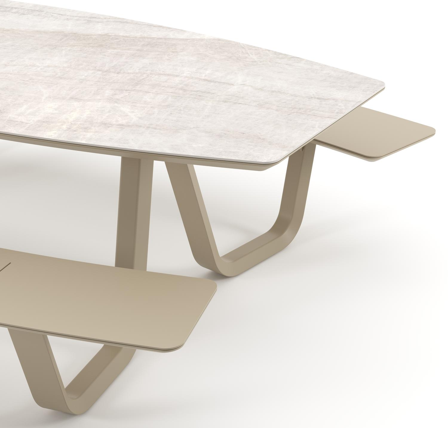 Table de pique-nique Forno forme de bateau en aluminium beige et céramique pleine Taj Mahal - Lg. 240 x Lrg. 181 x Haut. 72 cm