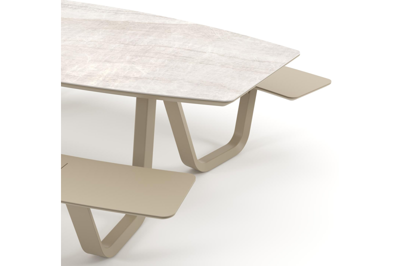 Table de pique-nique Forno forme de bateau en aluminium beige et céramique pleine Taj Mahal - Lg. 240 x Lrg. 181 x Haut. 72 cm
