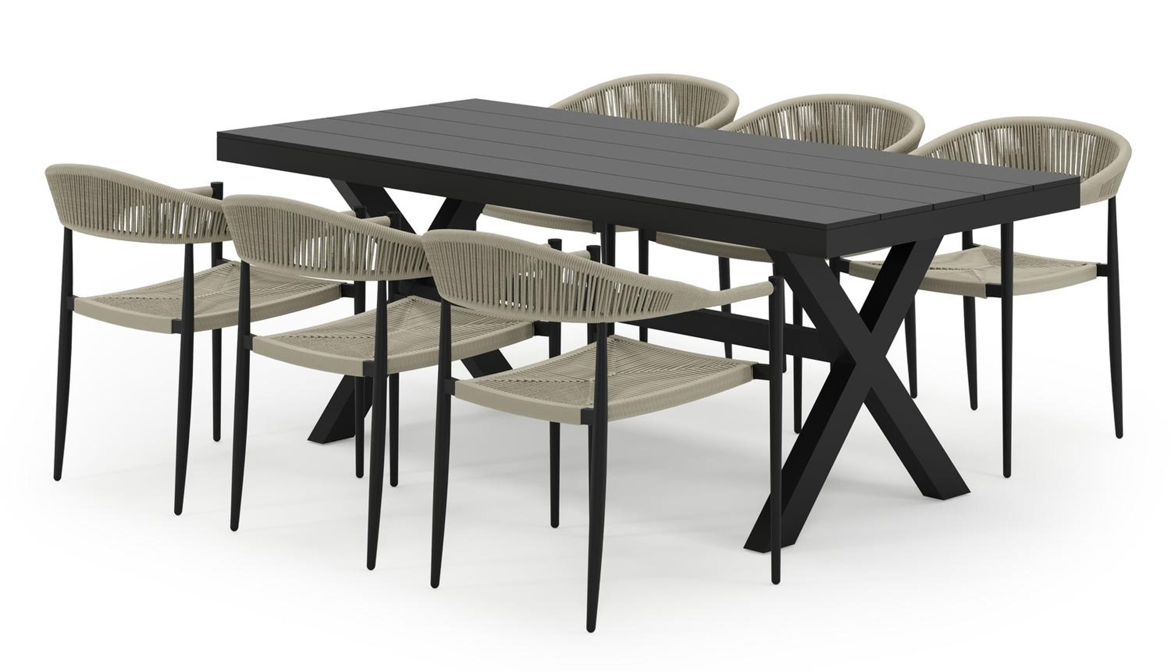 Bahia tuinset in zwart aluminium met 6 stapelbare Guarda tuinstoelen