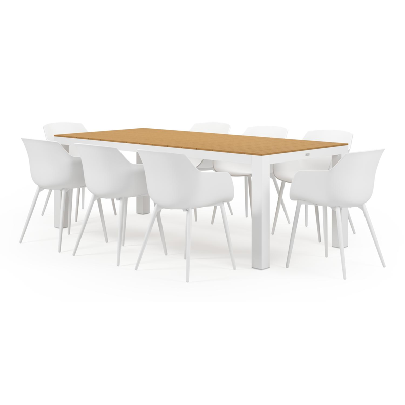 Ensemble de jardin Calzo en aluminium blanc avec plateau de table en polywood et 8 chaises de jardin Paco