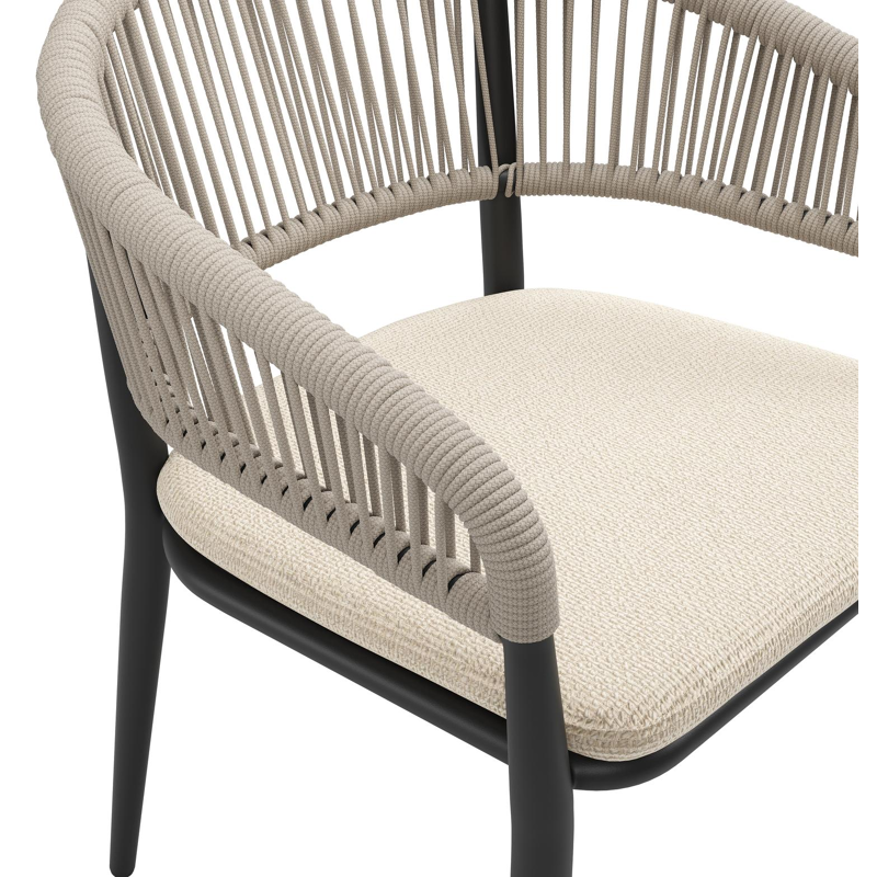 Tolfa stapelbare tuinstoel in zwart aluminium en beige verticaal geweven ronde rope met stoelkussen in All Weather Cosytica Althea Chalk