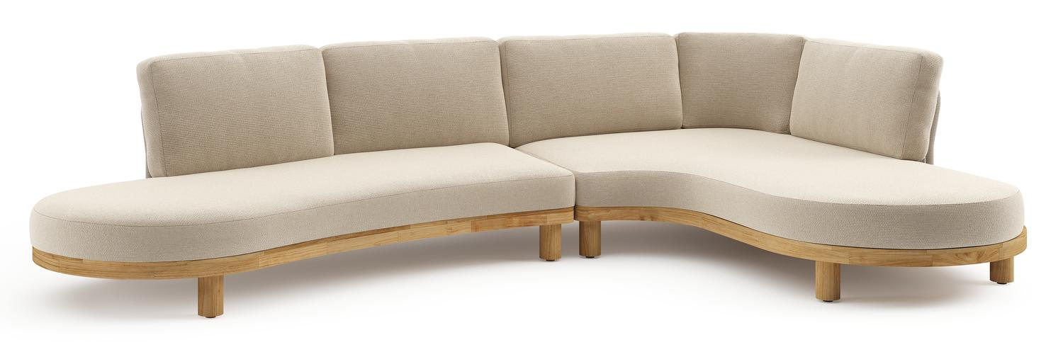 Salon de jardin d'angle Donato en teck et corde ronde tissée verticalement beige et coussins en all weather cosytica Althea Chalk