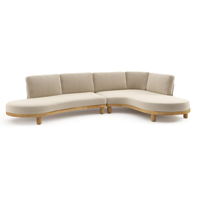 Donato loungehoek in teak en beige verticaal geweven ronde rope met all weather cosytica Althea Chalk kussen