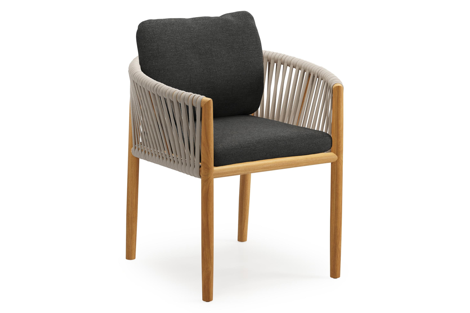 Organo tuinstoel in teak en beige verticaal geweven luxe vlakke rope met zitkussen in All Weather Sunbrella® Luxe Chartres Sooty