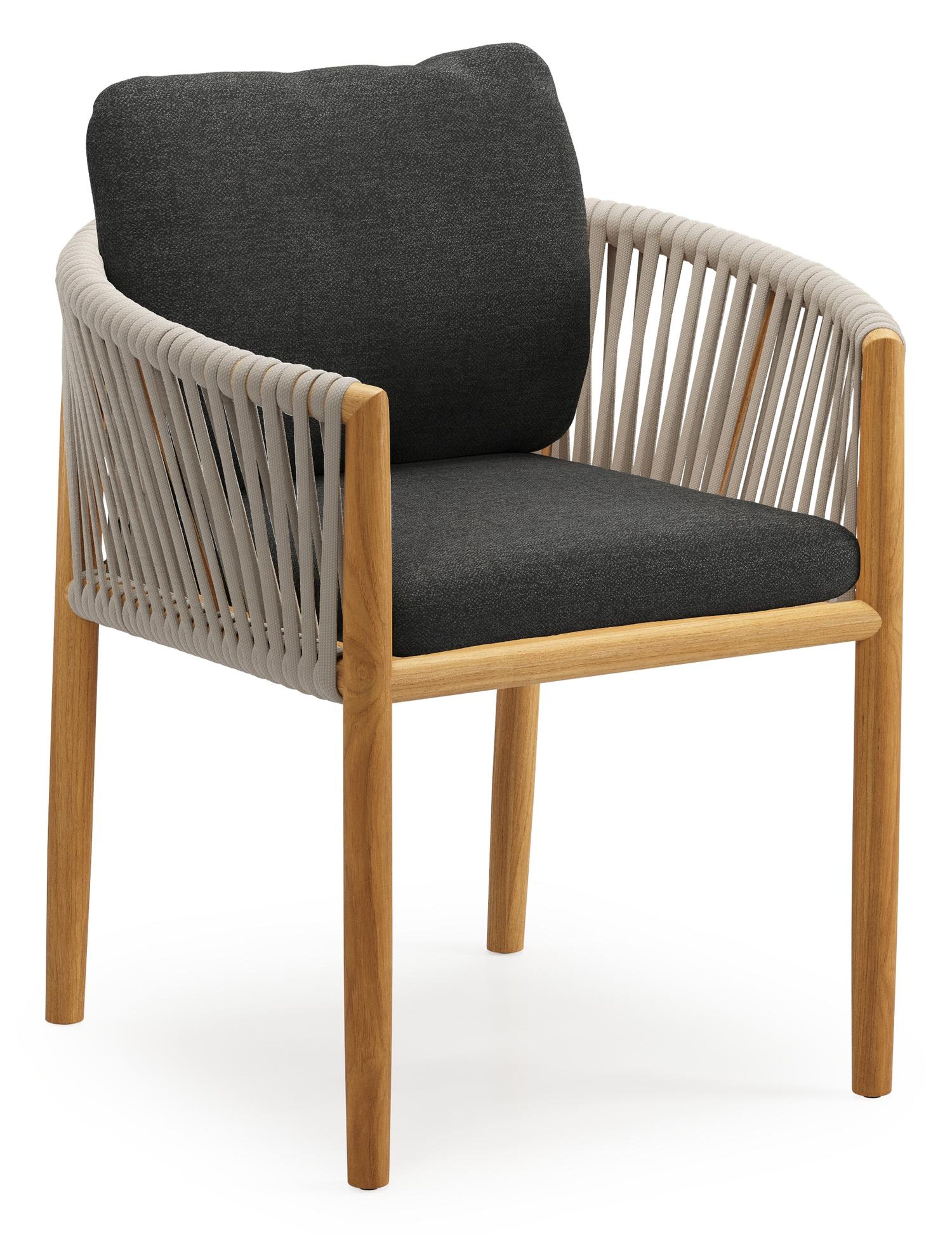 Organo tuinstoel in teak en beige verticaal geweven luxe vlakke rope met zitkussen in All Weather Sunbrella® Luxe Chartres Sooty