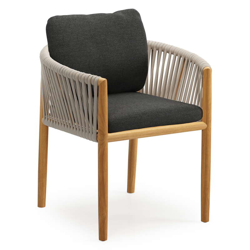 Organo tuinstoel in teak en beige verticaal geweven luxe vlakke rope met zitkussen in All Weather Sunbrella® Luxe Chartres Sooty