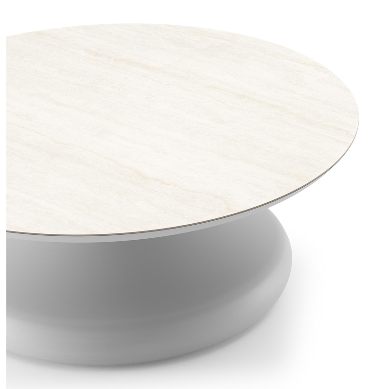 Bomero loungetafel rond in wit aluminium en volkeramiek Travertino Bianco - Dia. 84 x H 32.2 cm