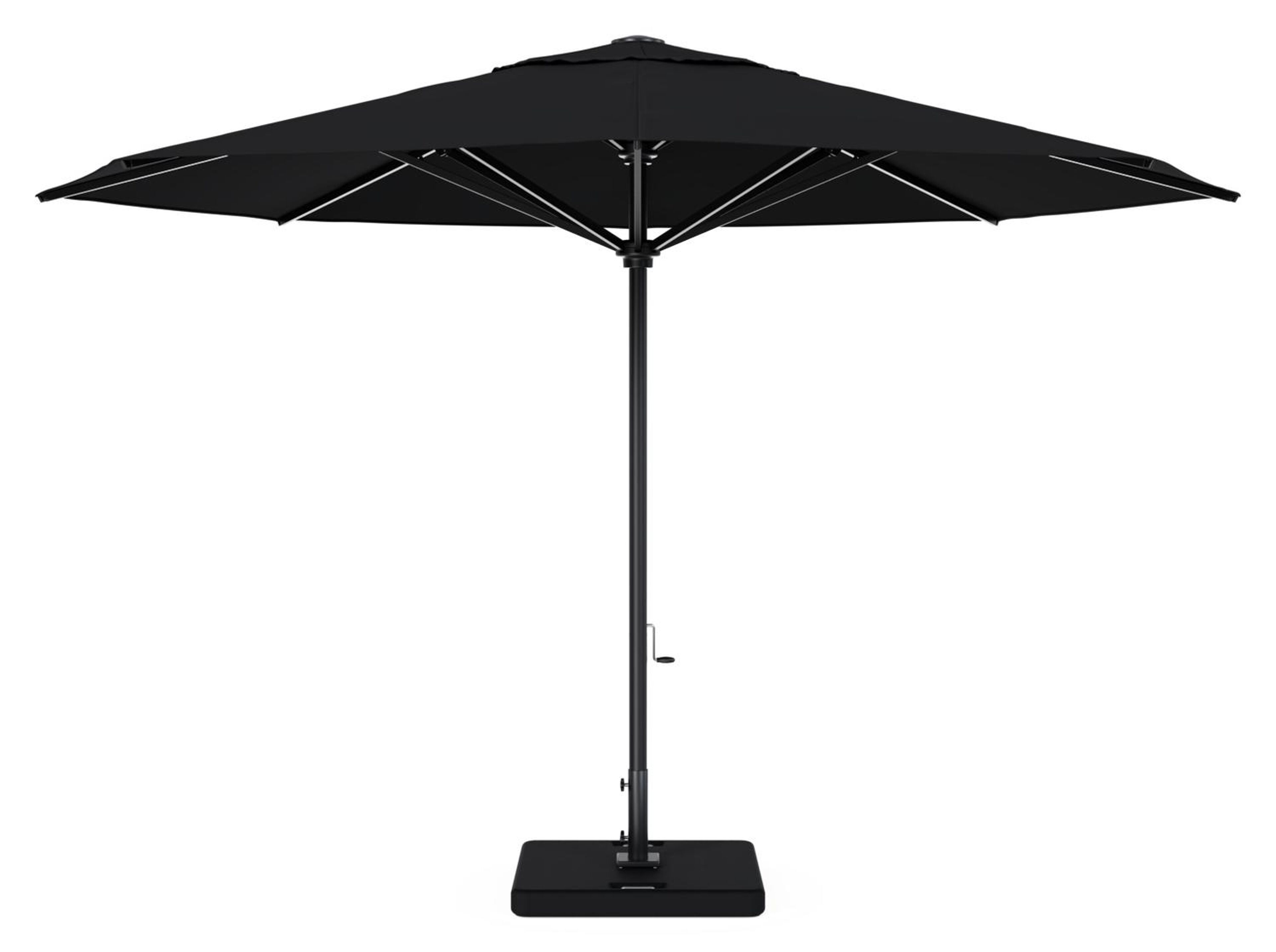 Parasol droit Solino en aluminium noir et toile de parasol en All Weather Sunbrella® Premium Noir - Diam. 400 cm avec pied de parasol Lapido 160 kg