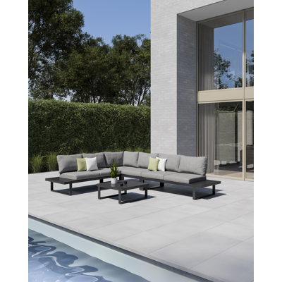 Serado loungehoek in zwart aluminium met grijs polyester kussens en loungetafel