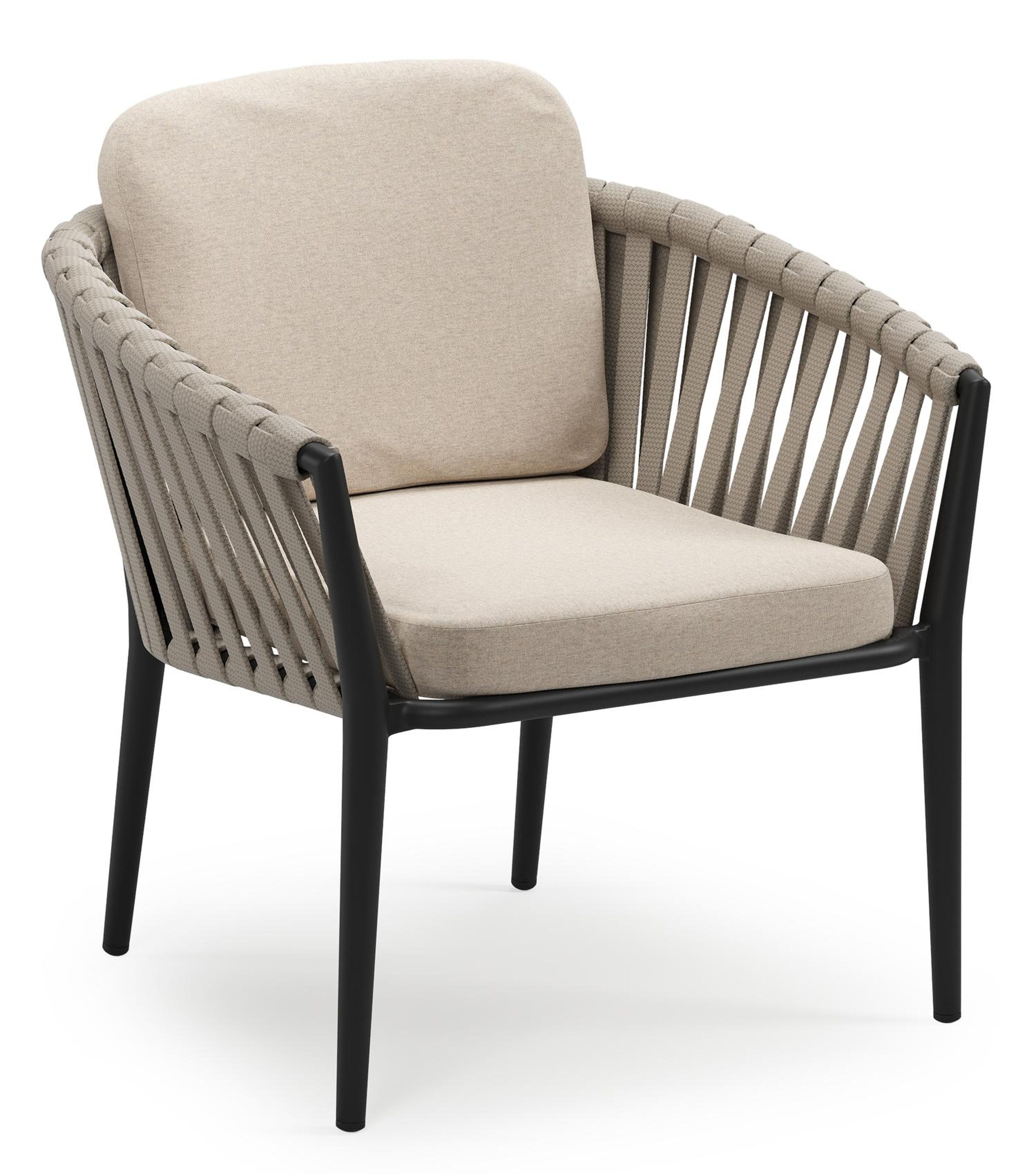 Orso low dining tuinstoel in zwart aluminium en beige verticaal geweven luxe vlakke brede rope met stoelkussen in All Weather Sunbrella® Luxe Heritage Ash