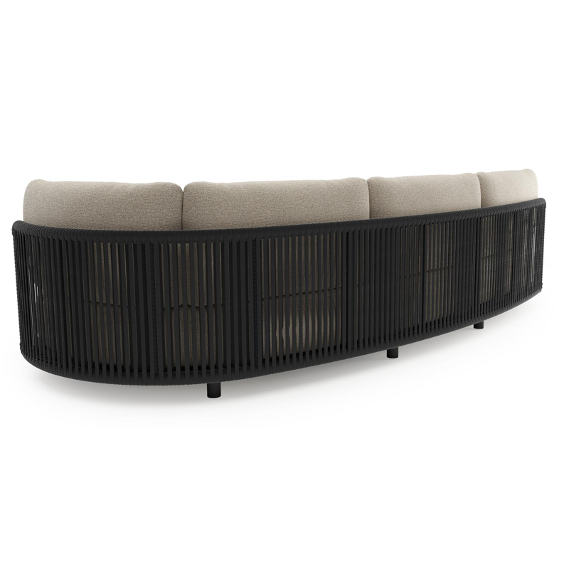 Lomano loungebank in zwart aluminium en zwart verticaal geweven luxe vlakke rope met catania sand All Weather Cosytica kussen
