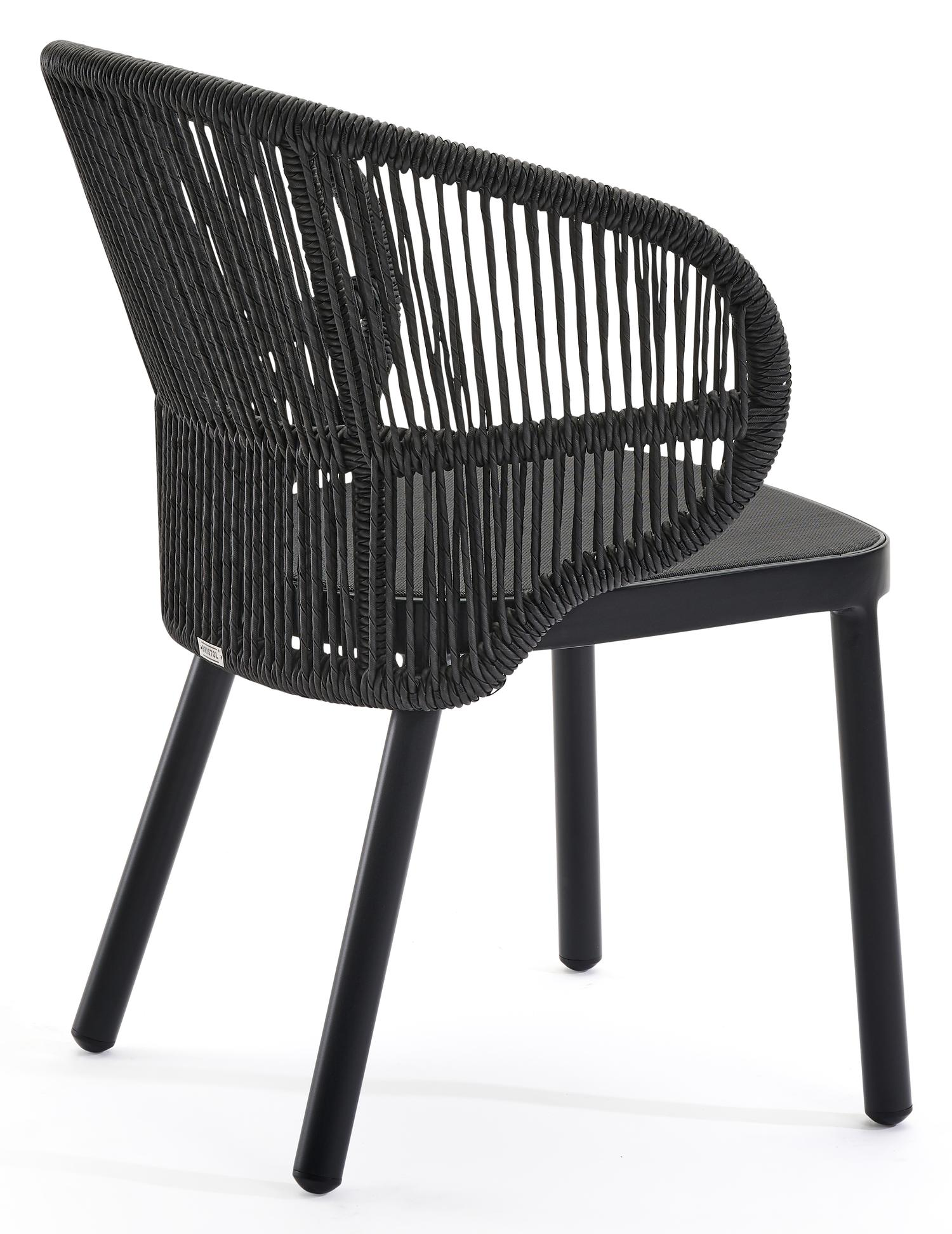 Lugano tuinstoel in zwart aluminium en zwart gedraaide ronde wicker