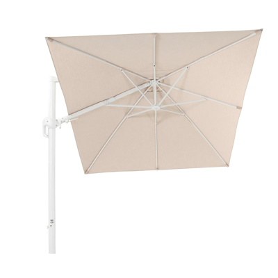 Rufina zweefparasol met tiltfunctie in wit aluminium met beige all weather sunbrella® premium parasoldoek - L1 350 x L2 250 cm (zonder voet)