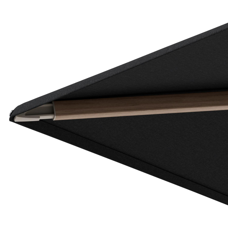 Minore zweefparasol met tiltfunctie in houtlook aluminium en Natte Sooty All Weather Sunbrella® Luxe parasoldoek - L1: 400 x L2: 300 cm met parasolvoet Minore 260 kg met wielen