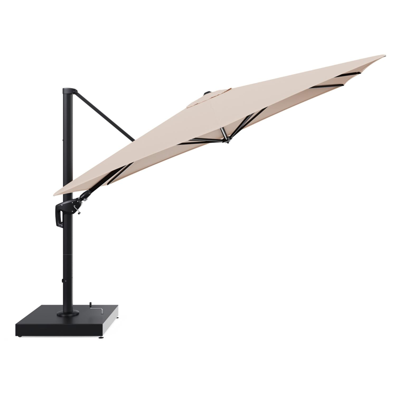Minore zweefparasol met tiltfunctie in zwart aluminium en Natte Linen Chalk All Weather Sunbrella® Luxe parasoldoek - L1 280 x L2: 370 cm met parasolvoet Minore 260 kg met wielen