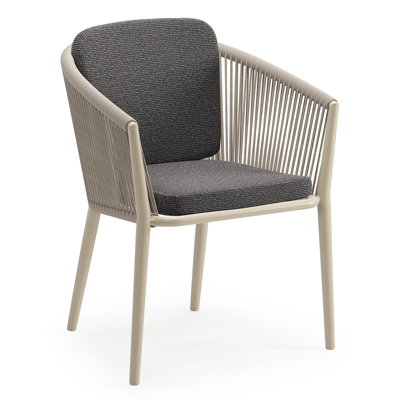 Orso tuinstoel in beige aluminium en beige verticaal geweven ronde rope met zitkussen in All Weather Solica Firenze Tunder