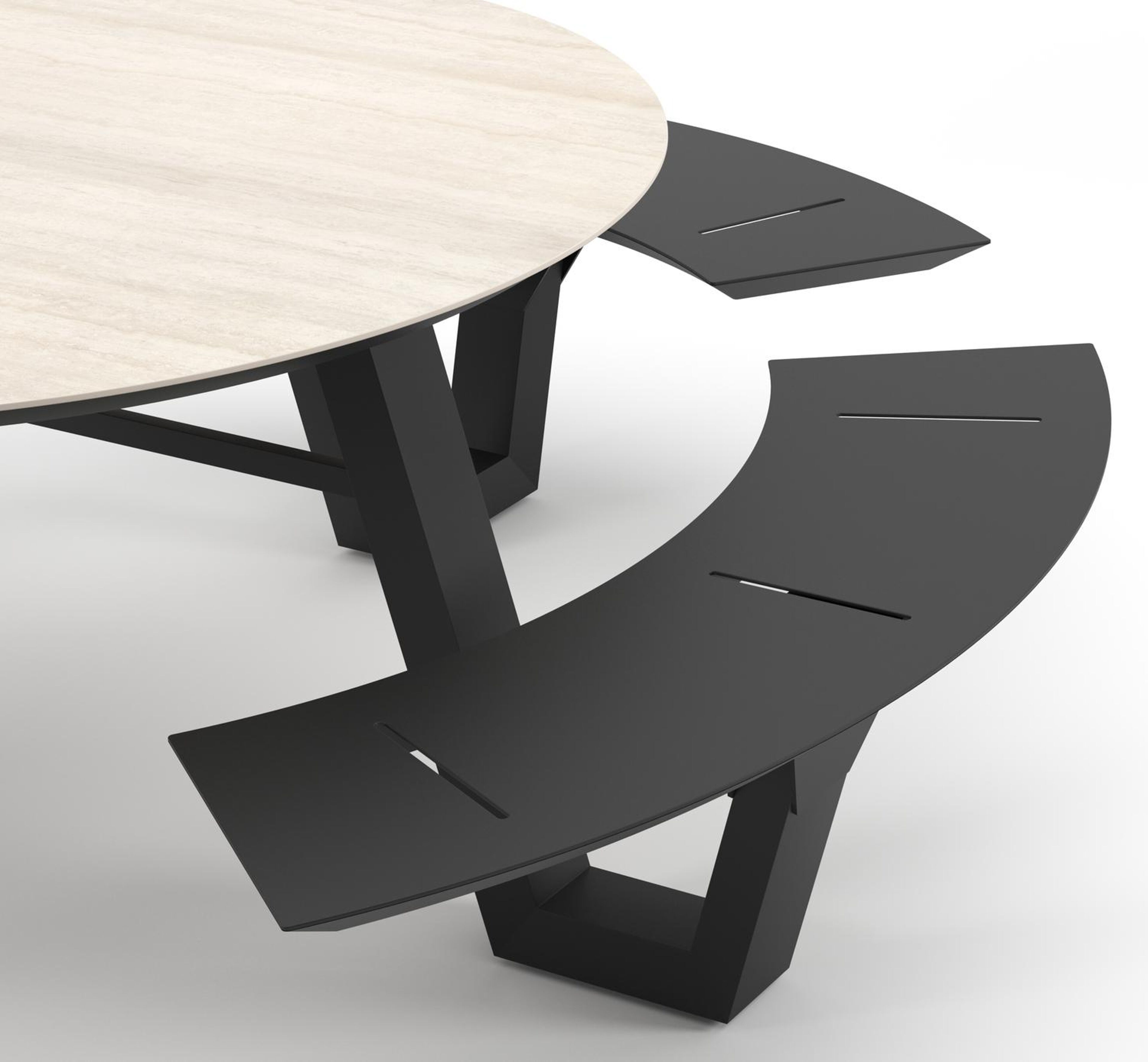 Rondino picknicktafel rond in zwart aluminium en volkeramiek Travertino Bianco - Dia. 236 x - Dia. 148 x H 72 cm
