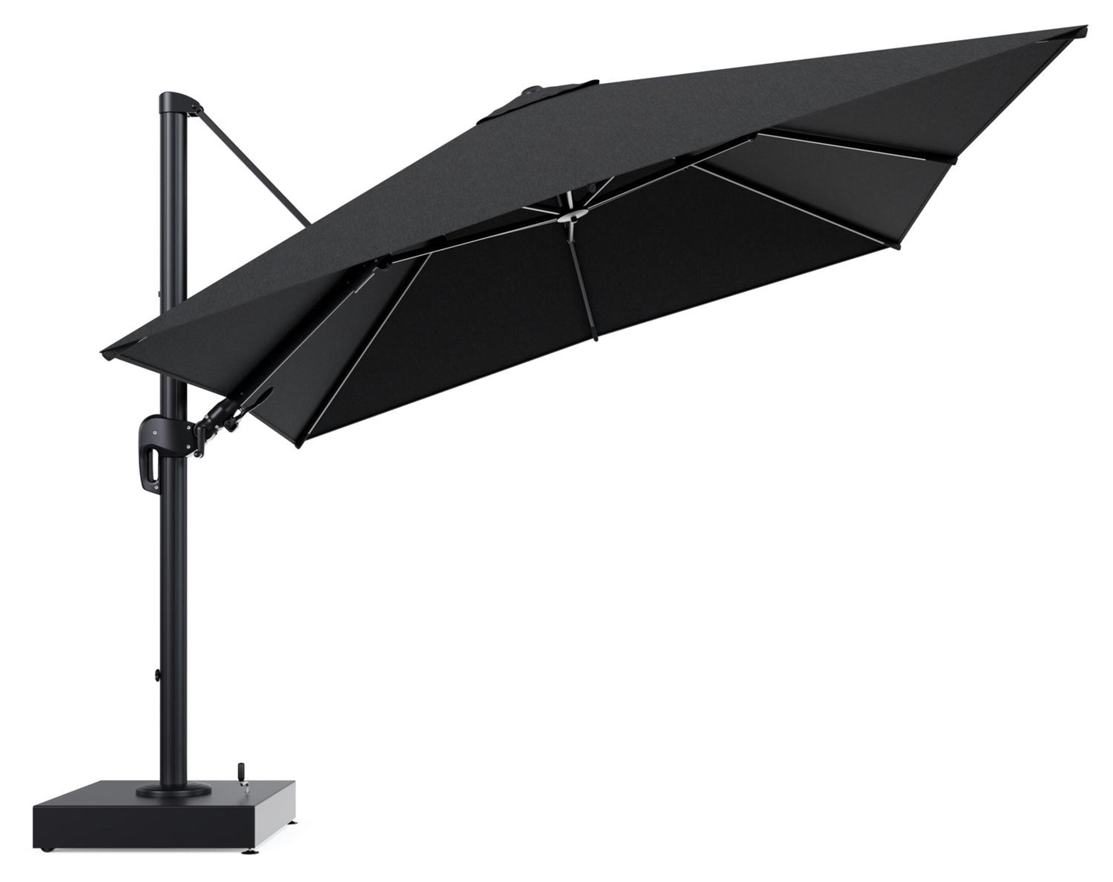 Rufina zweefparasol met tiltfunctie in zwart aluminium en Chartres Sooty All Weather Sunbrella® Luxe parasoldoek - L1 300 x L2 300 cm met parasolvoet Minore 150 kg met wielen